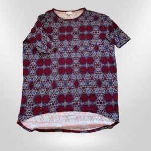 LulaRoe Irma Tunic blue, red, and white geometric shapes and super soft fabric